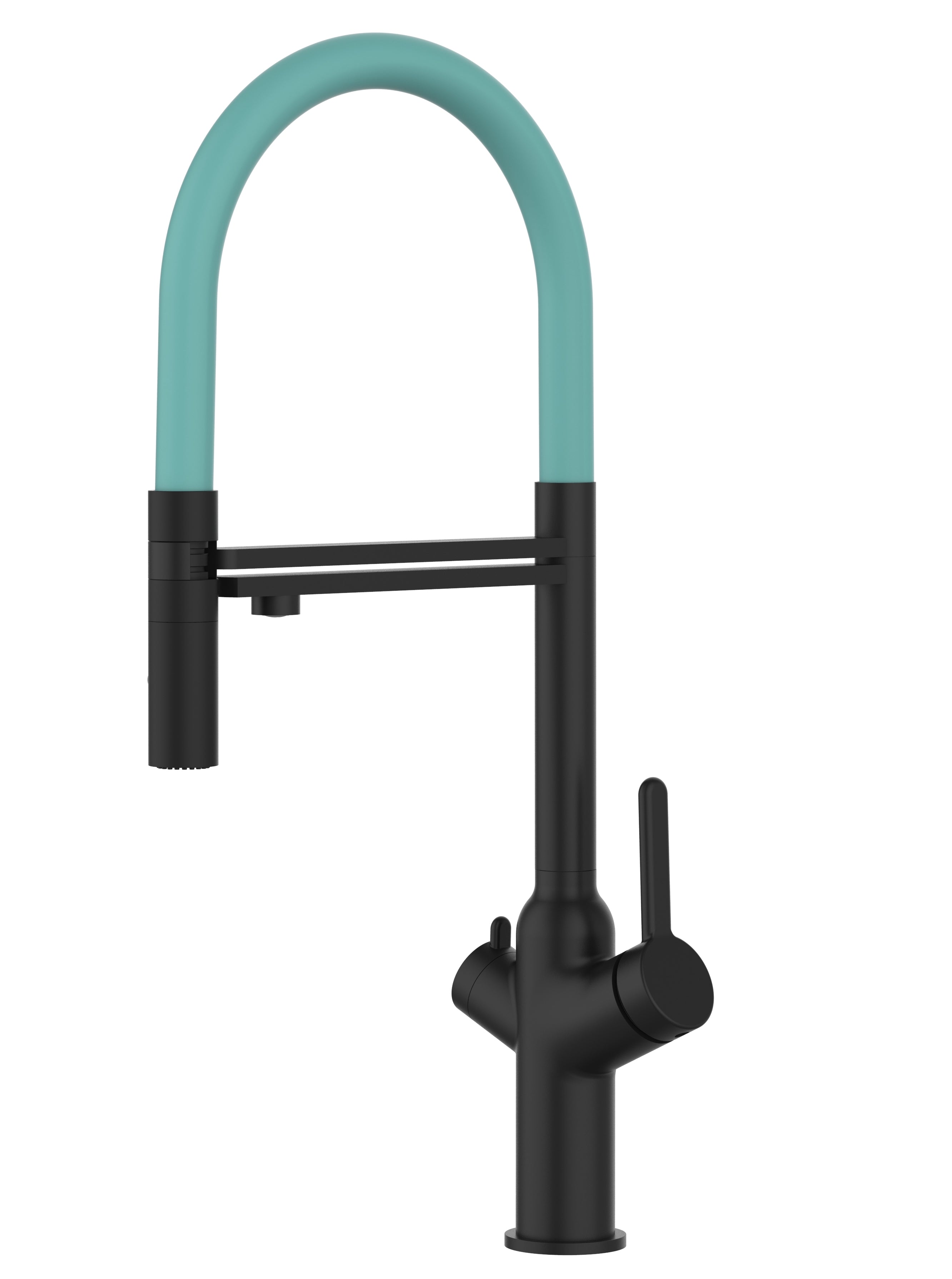 4 Way Kitchen Filter Tap, BOD, with 360° swivel spout and 2-jets removable Spray, Matte Black / Turquoise