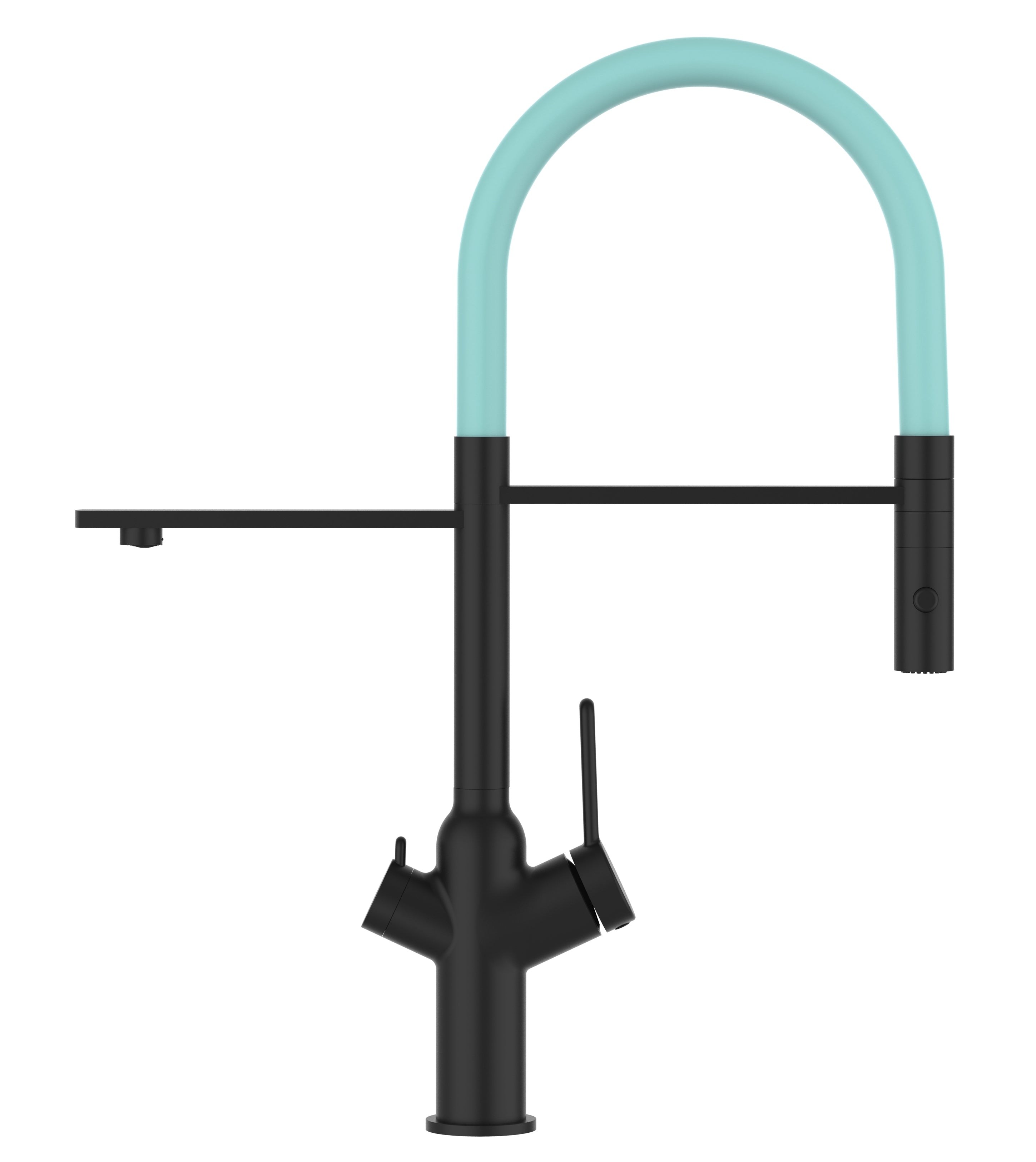 3 Way Kitchen Filter Tap, BOD, with 360° swivel spout and 2-jets removable Spray, Matte Black / Turquoise