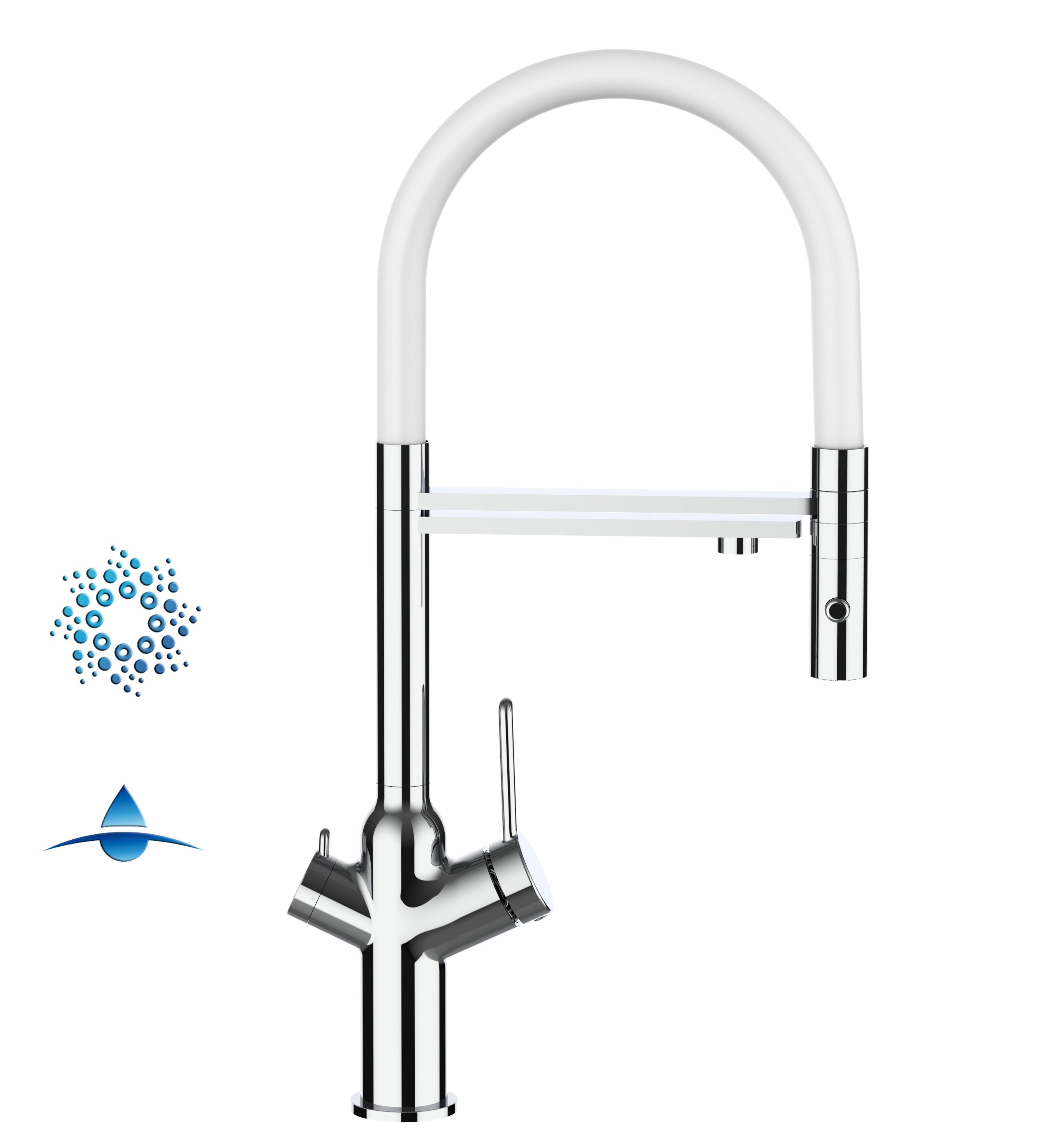 4 Way Kitchen Filter Tap, BOD, with 360° swivel spout and 2-jets removable Spray, Chrome / White