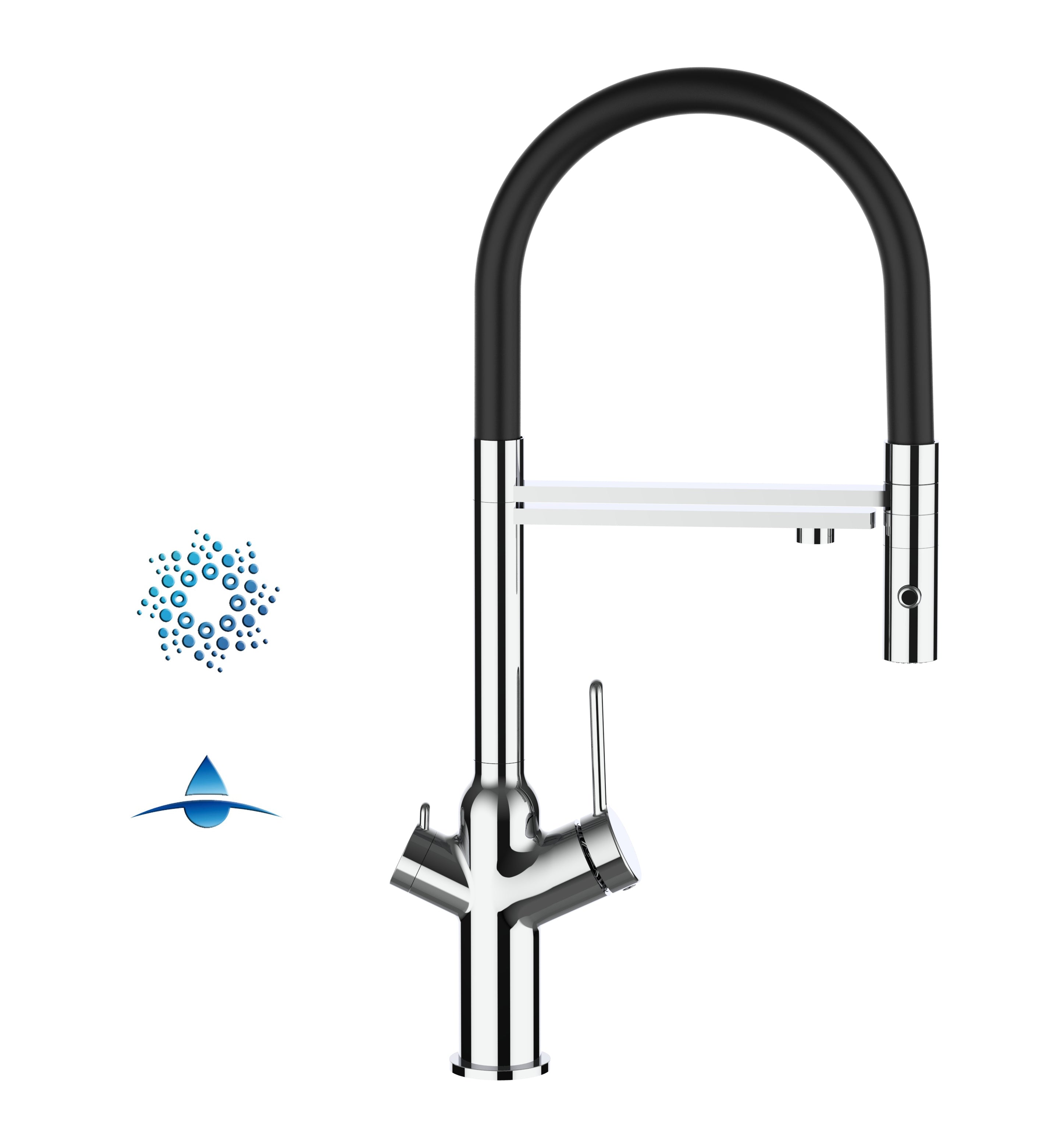 4 Way Kitchen Filter Tap, BOD, with 360° swivel spout and 2-jets removable Spray, Chrome / Black