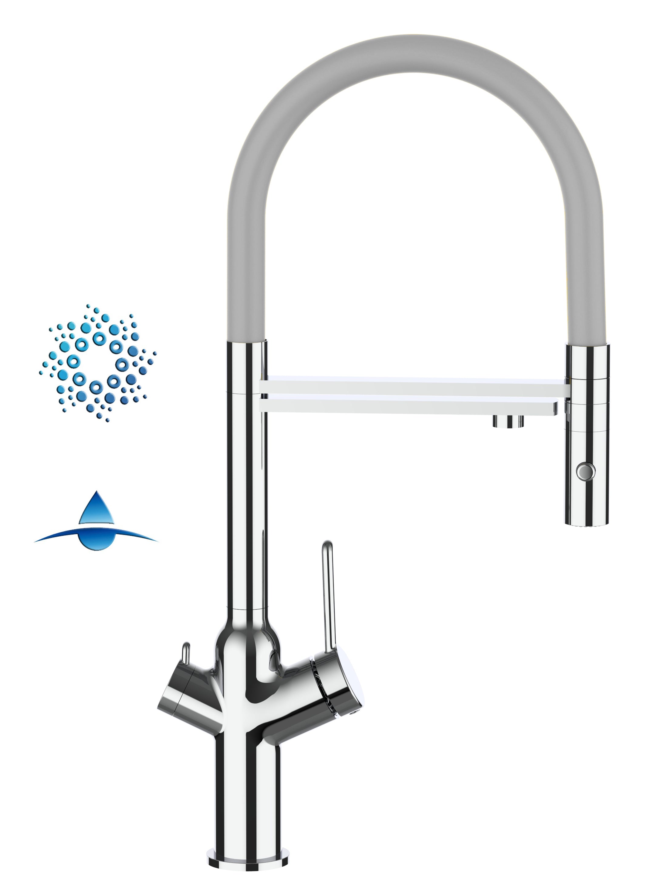 4 Way Kitchen Filter Tap, BOD, with 360° swivel spout and 2-jets removable Spray, Chrome / Gray