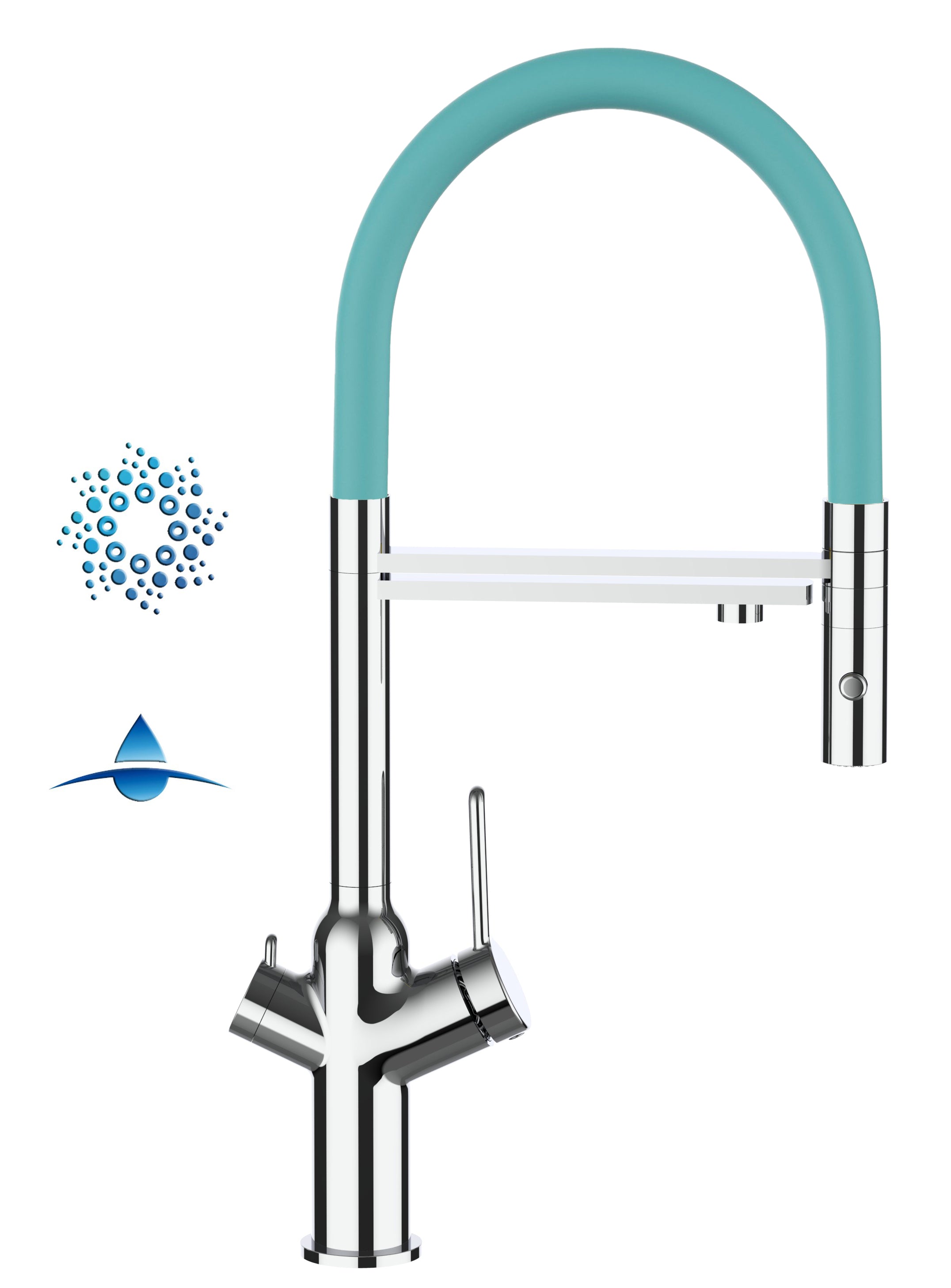 4 Way Kitchen Filter Tap, BOD, with 360° swivel spout and 2-jets removable Spray, Chrome / Turquoise