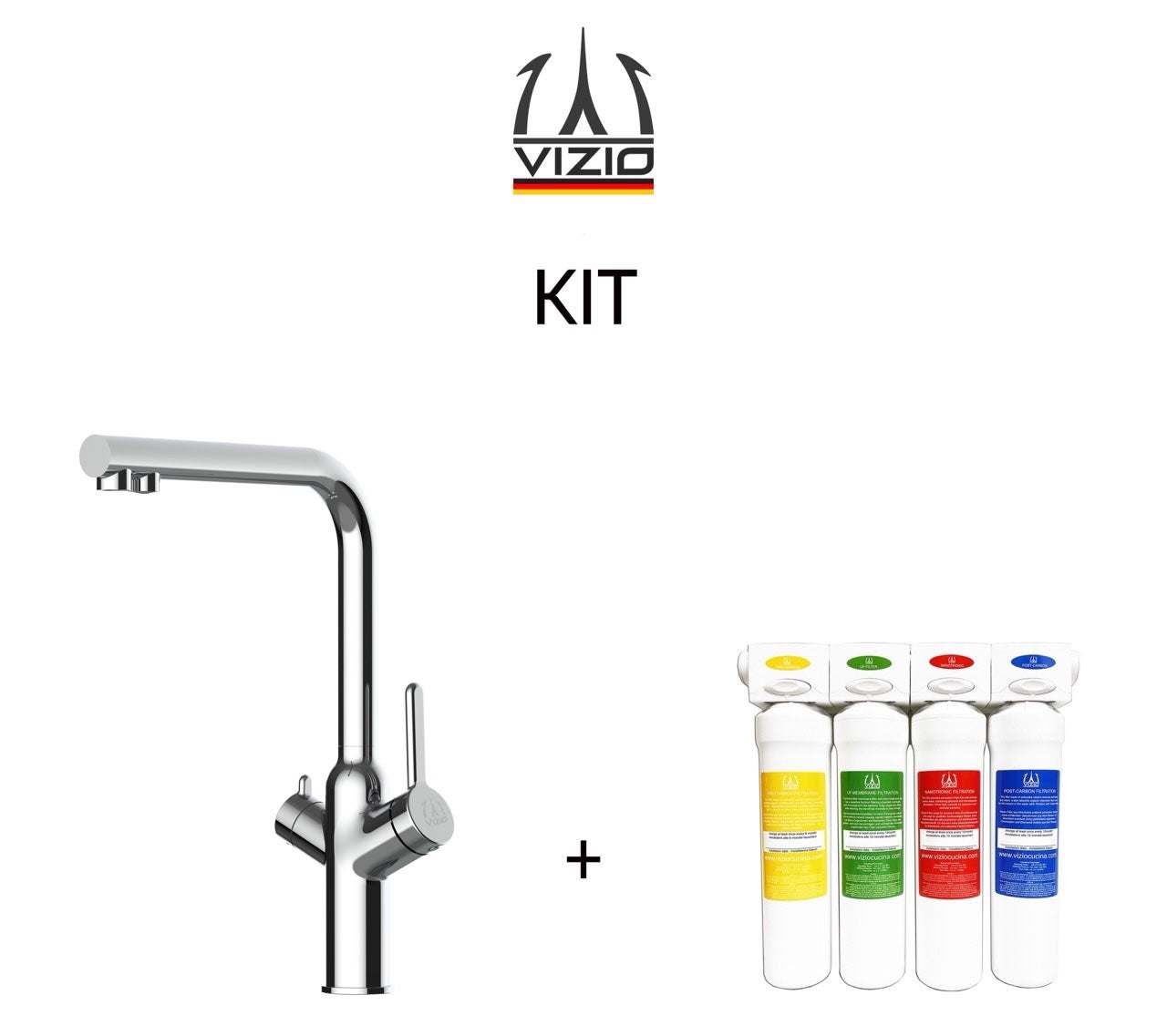 KIT 3 Way Kitchen Filter Tap, BOD, with 360° Swivel L-Spout, Chrome + Activated Carbon Water Filter System