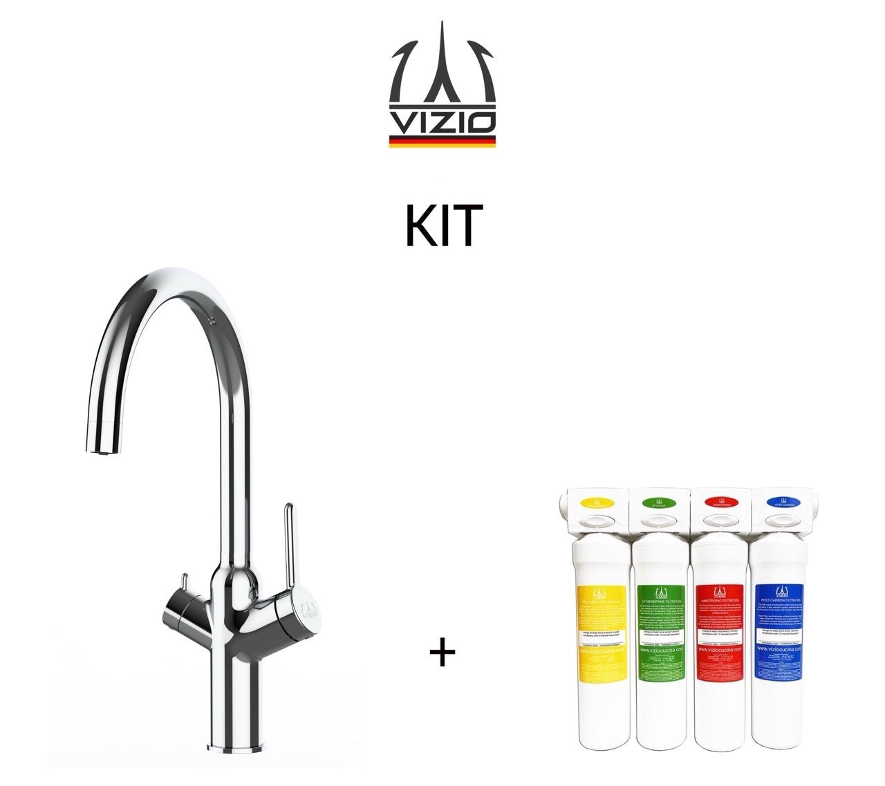 KIT 3 Way Kitchen Filter Tap, BOD, with 360° Swivel U-Spout, Chrome + Activated Carbon Water Filter System