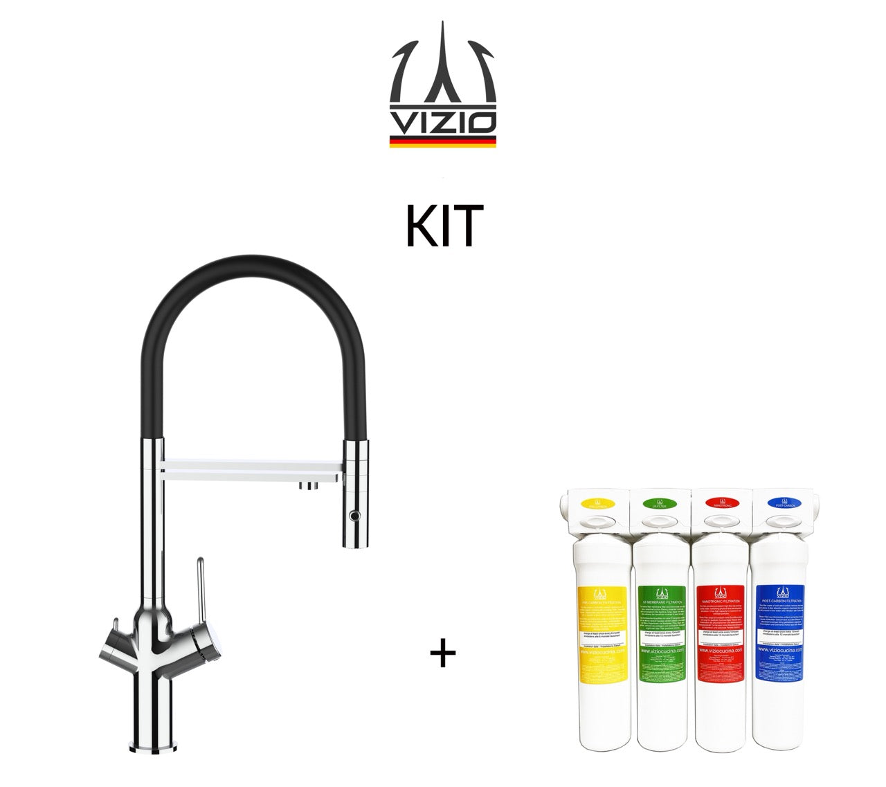 KIT 3 Way Kitchen Filter Tap, BOD, with 360° swivel spout and 2-jets removable Spray, Chrome + Activated Carbon Water Filter System