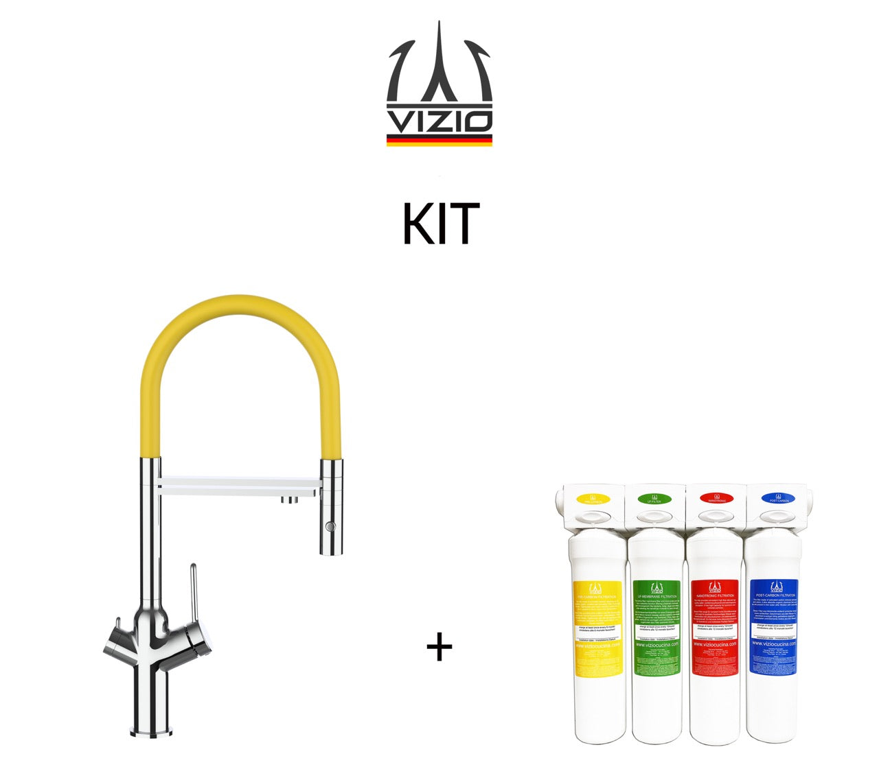 KIT 3 Way Kitchen Filter Tap, BOD, with 360° swivel spout and 2-jets removable Spray, Chrome + Activated Carbon Water Filter System