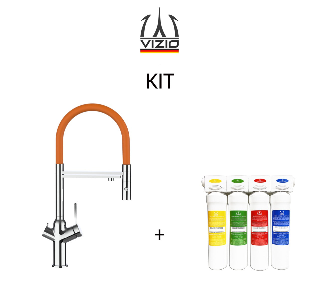 KIT 3 Way Kitchen Filter Tap, BOD, with 360° swivel spout and 2-jets removable Spray, Chrome + Activated Carbon Water Filter System