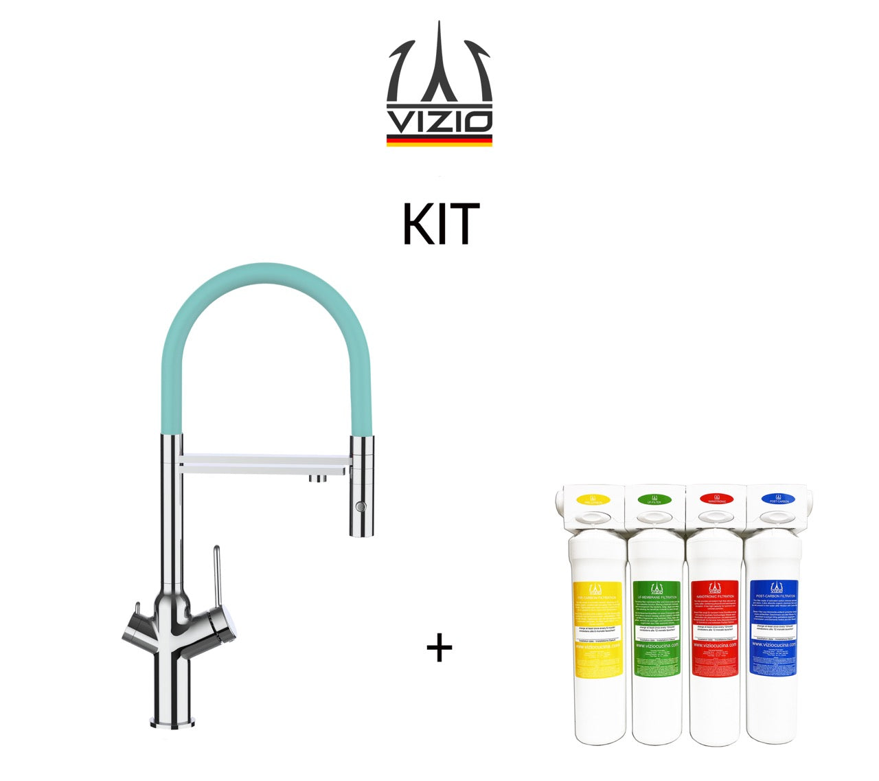 KIT 3 Way Kitchen Filter Tap, BOD, with 360° swivel spout and 2-jets removable Spray, Chrome + Activated Carbon Water Filter System