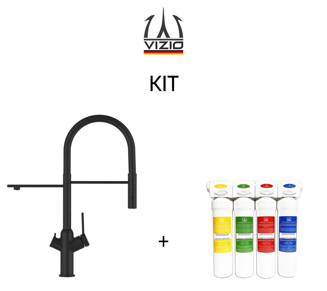 KIT 3 Way Kitchen Filter Tap, BOD, with 360° swivel spout and 2-jets removable Spray, Matte Black + Activated Carbon Water Filter System