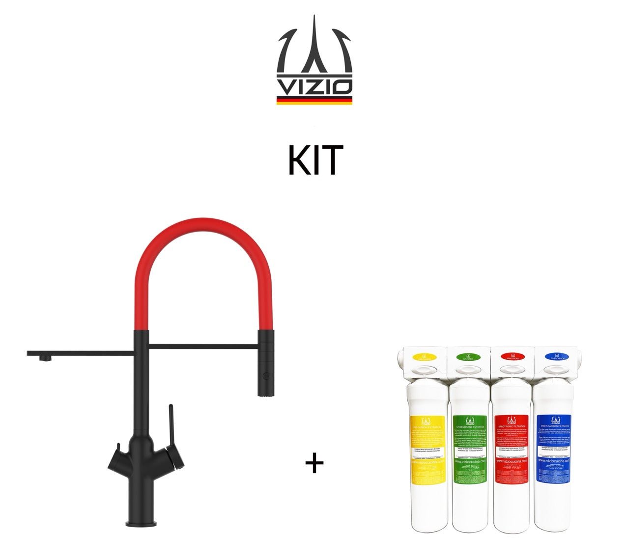 KIT 3 Way Kitchen Filter Tap, BOD, with 360° swivel spout and 2-jets removable Spray, Matte Black + Activated Carbon Water Filter System