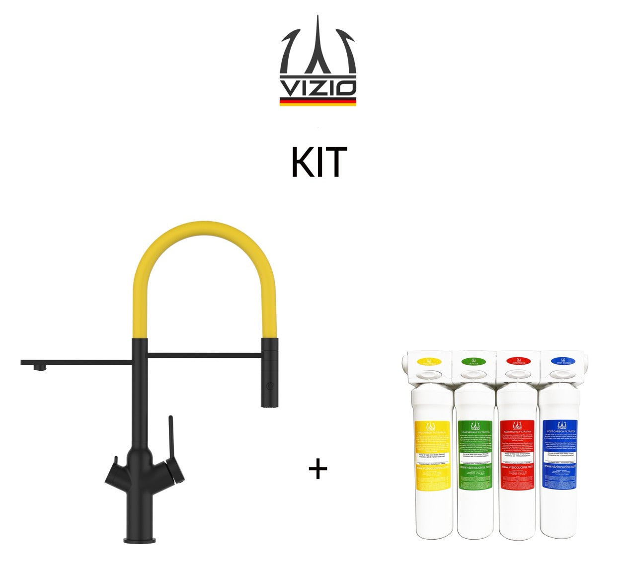 KIT 3 Way Kitchen Filter Tap, BOD, with 360° swivel spout and 2-jets removable Spray, Matte Black + Activated Carbon Water Filter System