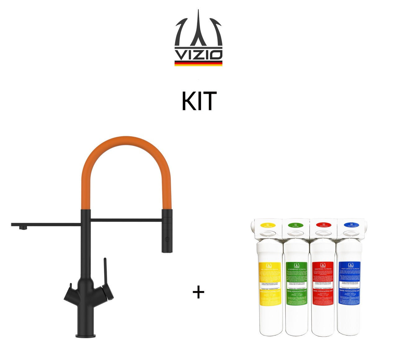 KIT 3 Way Kitchen Filter Tap, BOD, with 360° swivel spout and 2-jets removable Spray, Matte Black + Activated Carbon Water Filter System