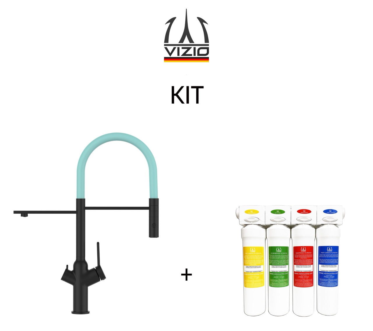 KIT 3 Way Kitchen Filter Tap, BOD, with 360° swivel spout and 2-jets removable Spray, Matte Black + Activated Carbon Water Filter System