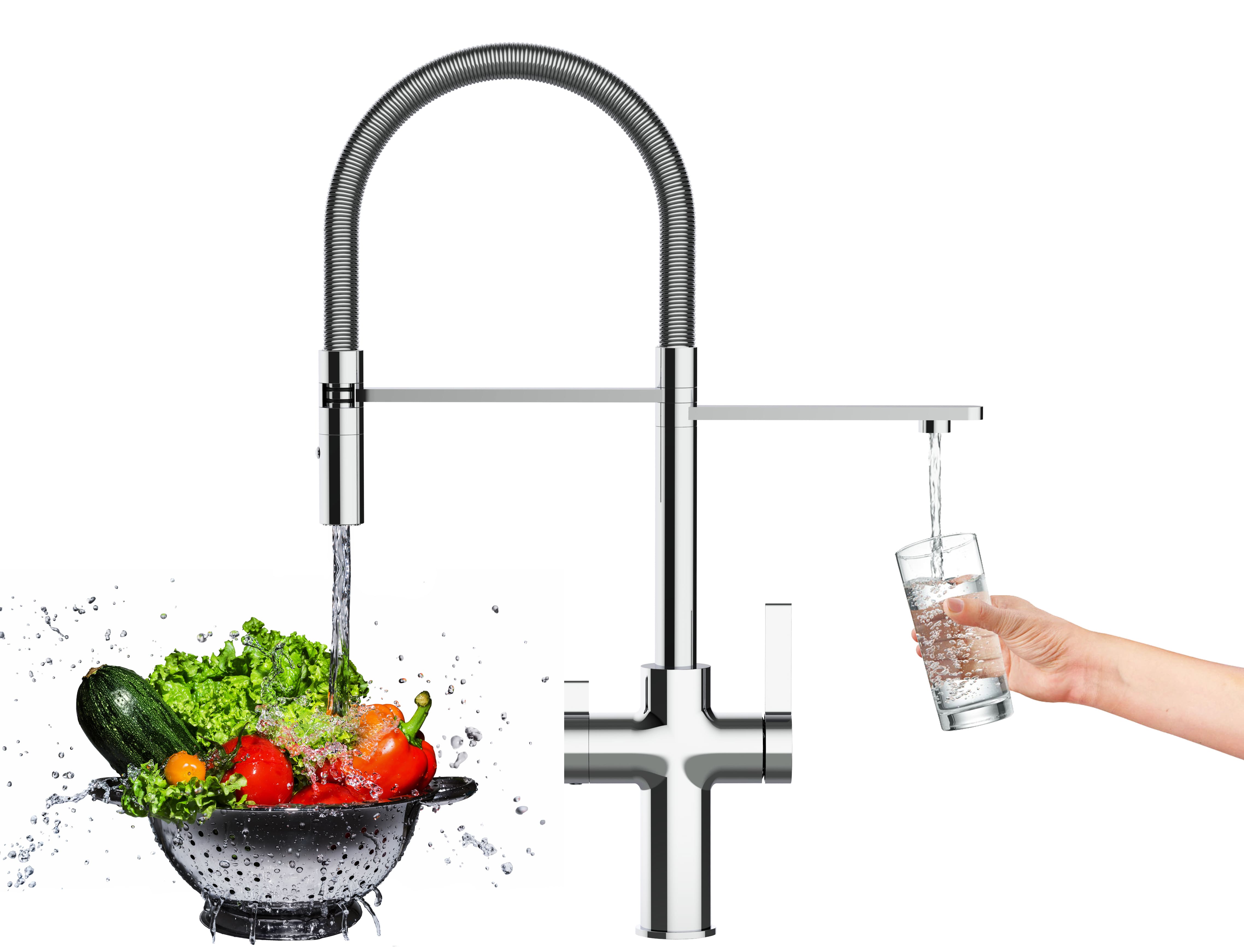 3 Way Kitchen Filter Tap, FC, with 360° swivel spout and 2-jets removable Spray, Chrome