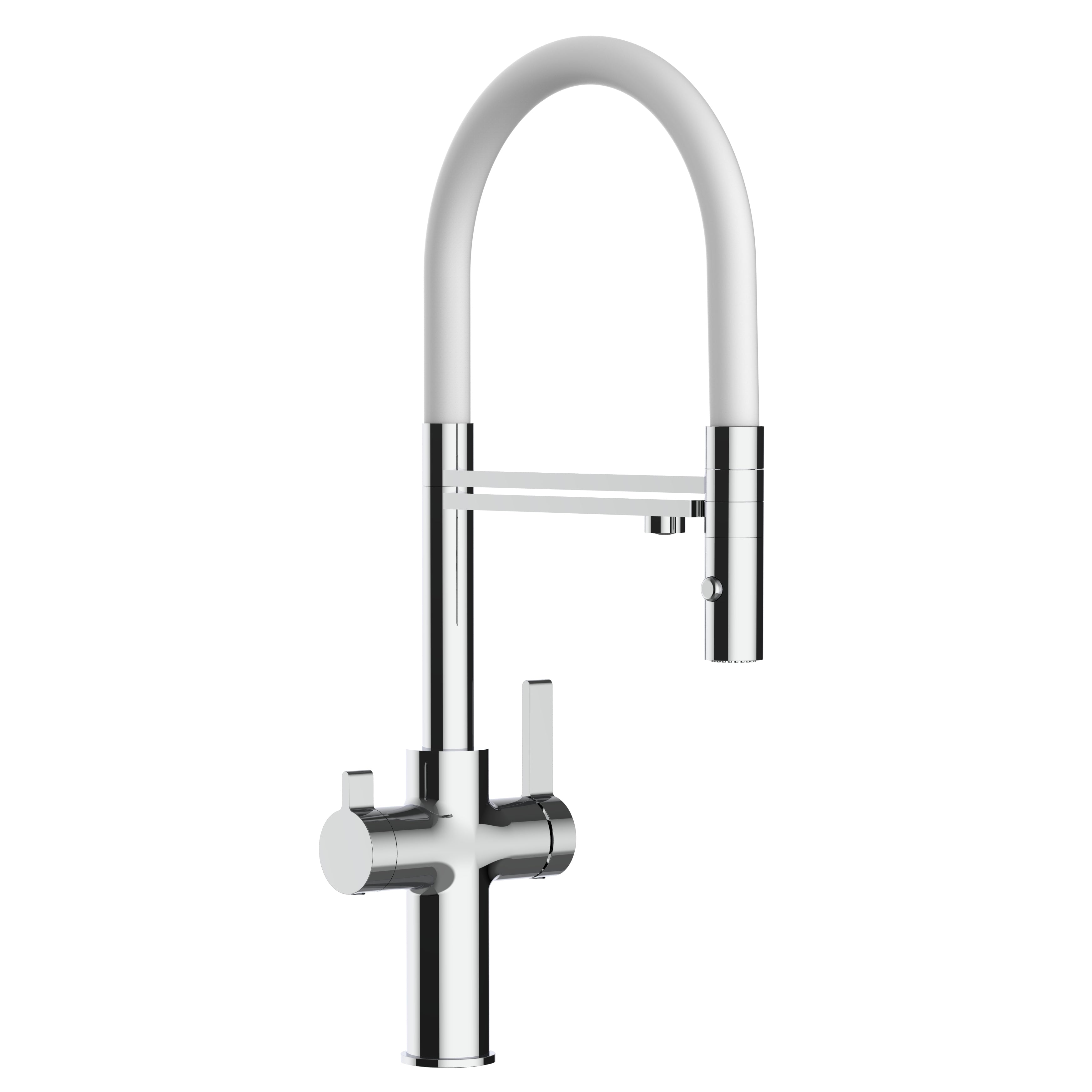 3 Way Kitchen Filter Tap, FC, with 360° swivel spout and 2-jets removable Spray, Chrome / White