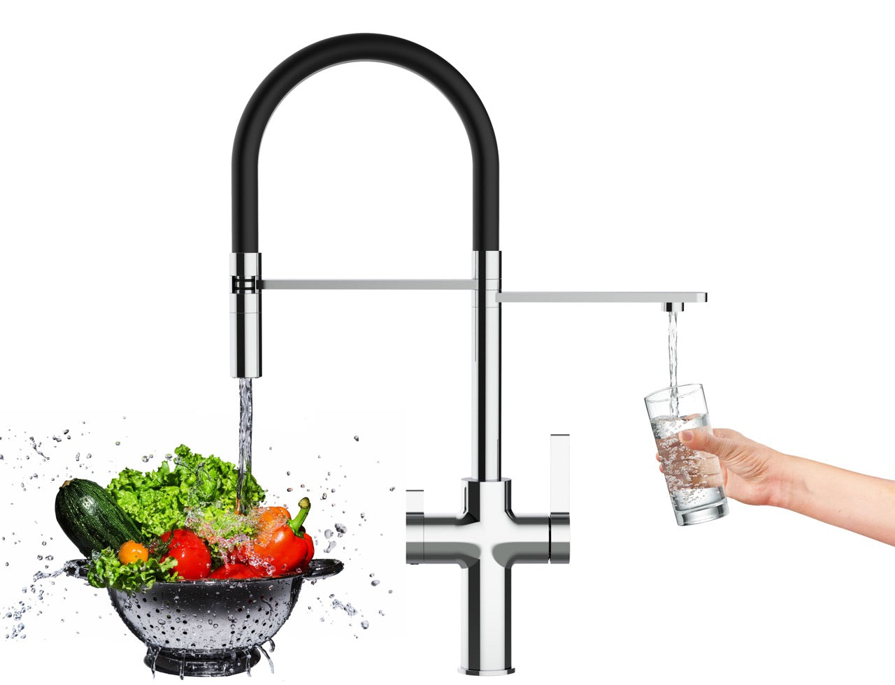3 Way Kitchen Filter Tap, FC, with 360° swivel spout and 2-jets removable Spray, Chrome / Black