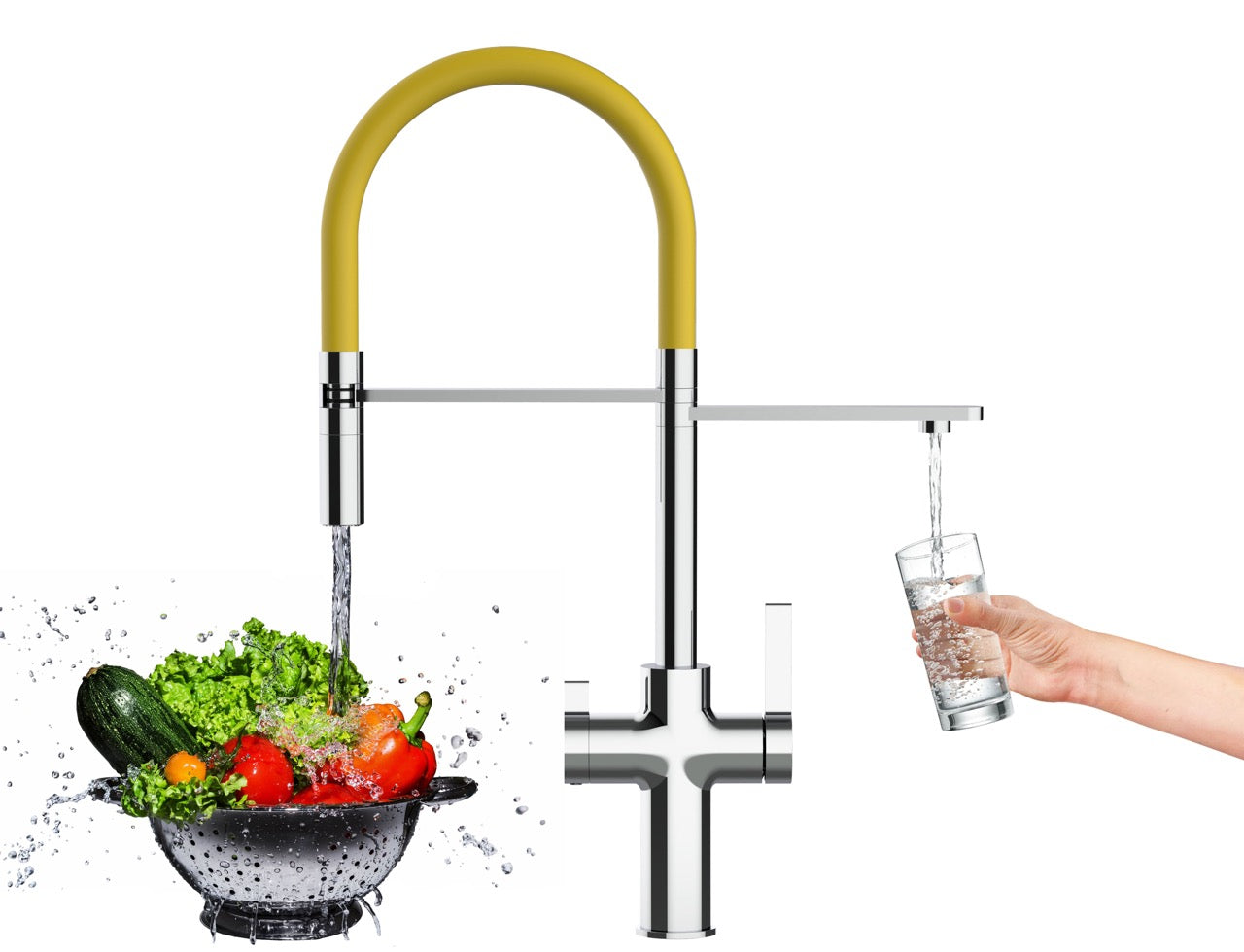 3 Way Kitchen Filter Tap, FC, with 360° swivel spout and 2-jets removable Spray, Chrome / Yellow