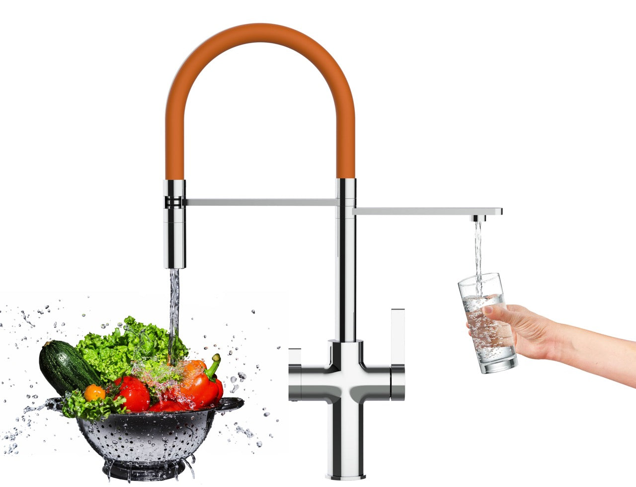 3 Way Kitchen Filter Tap, FC, with 360° swivel spout and 2-jets removable Spray, Chrome / Orange