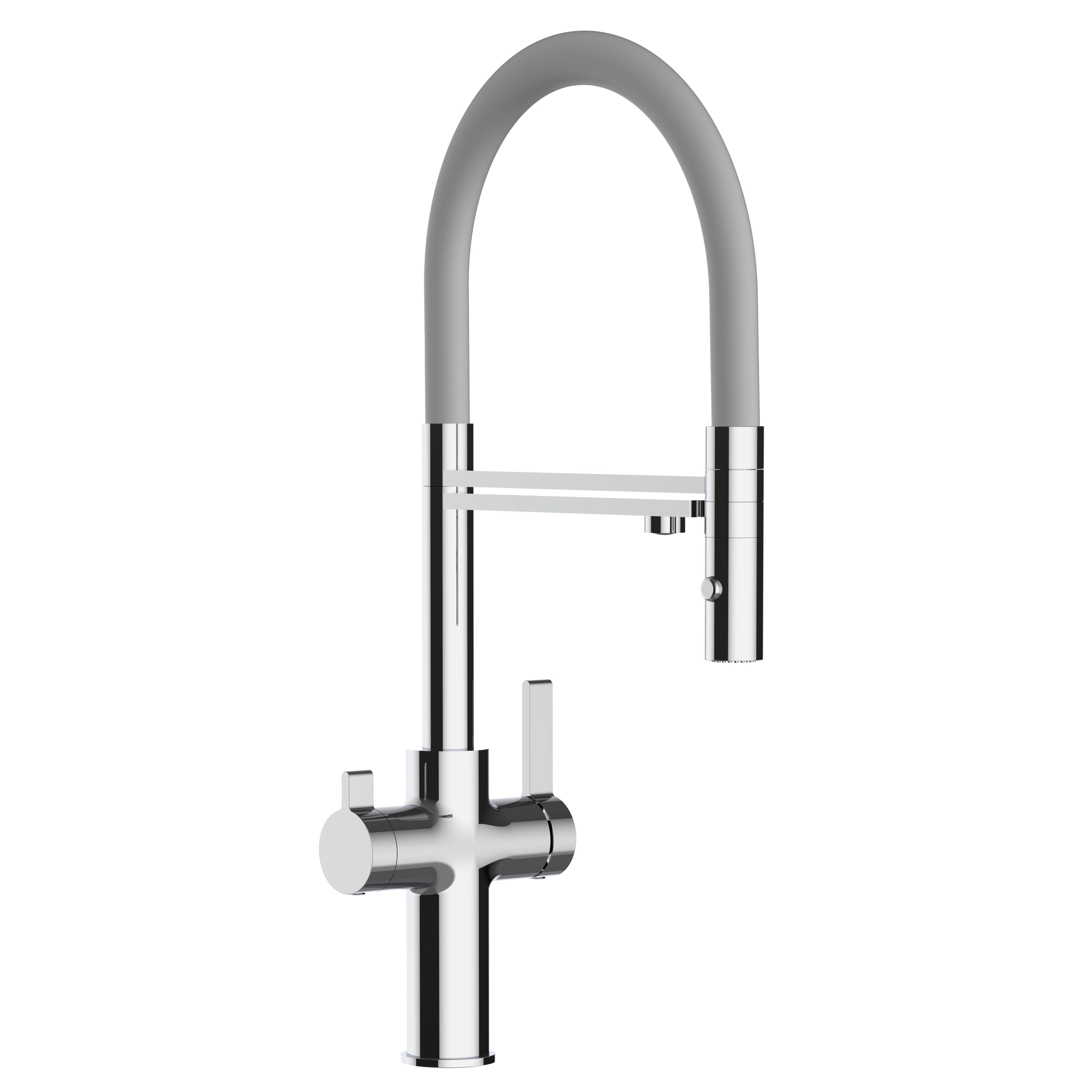 3 Way Kitchen Filter Tap, FC, with 360° swivel spout and 2-jets removable Spray, Chrome / Gray