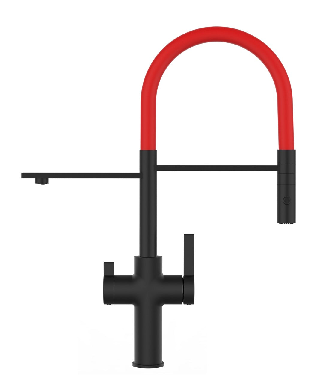 3 Way Kitchen Filter Tap, FC, with 360° swivel spout and 2-jets removable Spray, Matte Black / Red