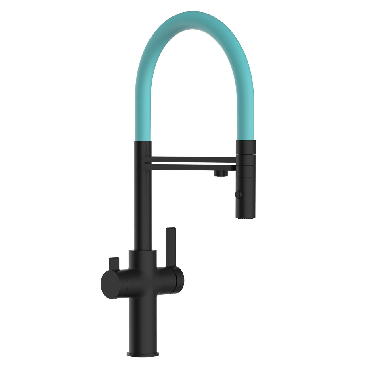 3 Way Kitchen Filter Tap, FC, with 360° swivel spout and 2-jets removable Spray, Matte Black / Turquoise