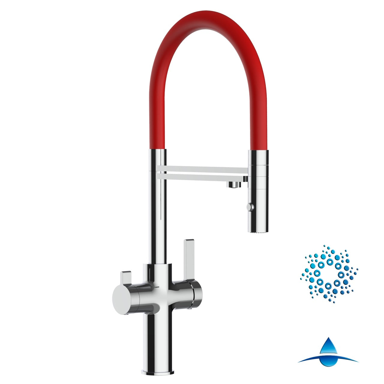 4 Way Kitchen Filter Tap, FC, with 360° swivel spout and 2-jets removable Spray, Chrome / Red