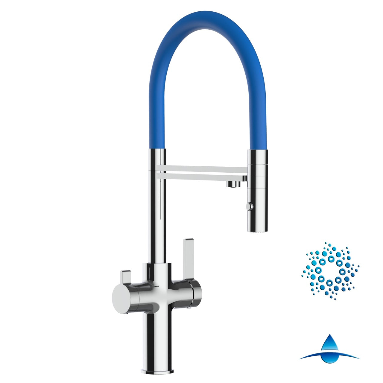 4 Way Kitchen Filter Tap, FC, with 360° swivel spout and 2-jets removable Spray, Chrome / Blue