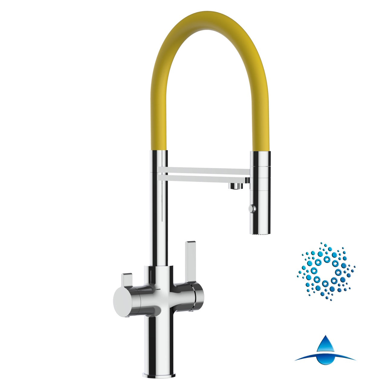 4 Way Kitchen Filter Tap, FC, with 360° swivel spout and 2-jets removable Spray, Chrome / Yellow