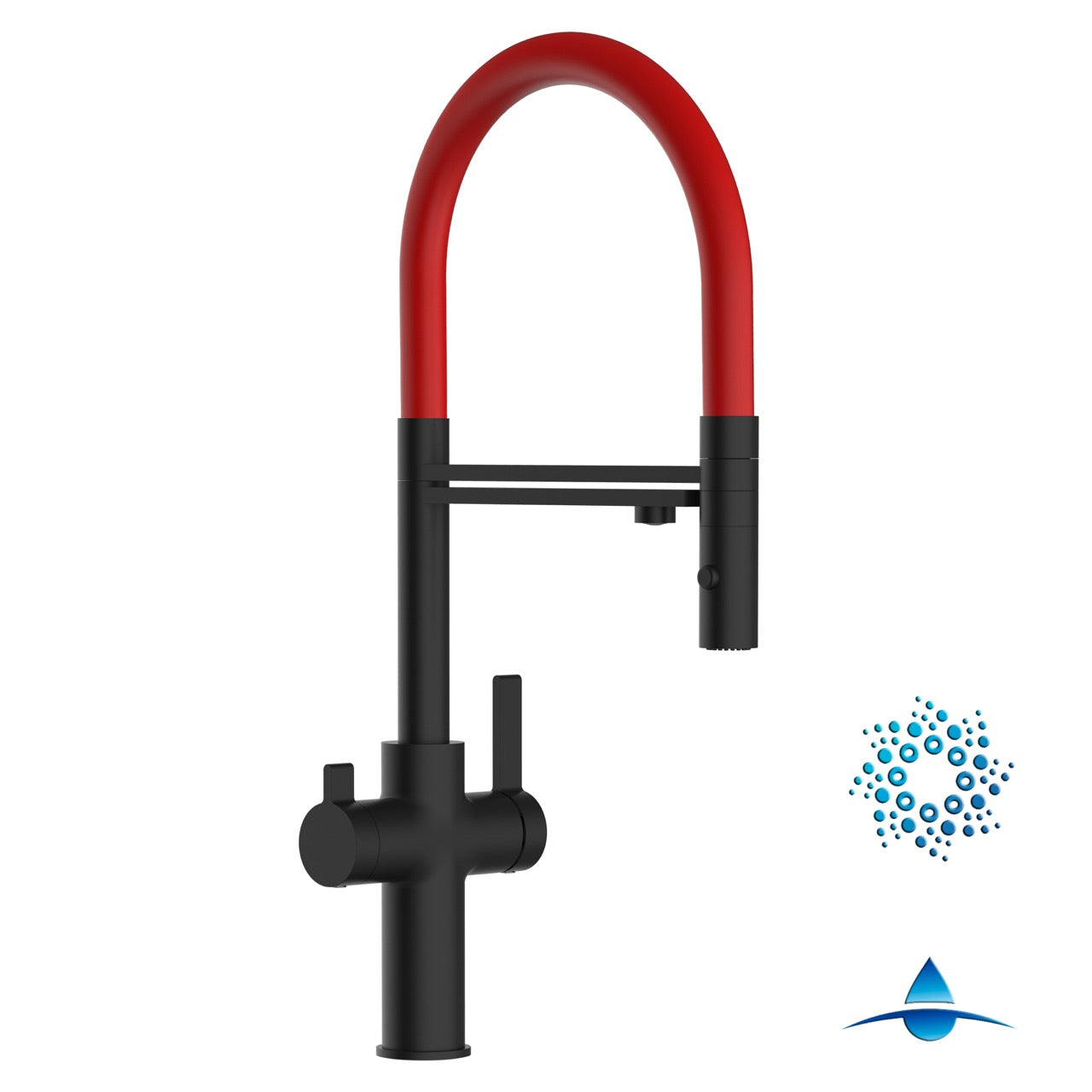 4 Way Kitchen Filter Tap, FC, with 360° swivel spout and 2-jets removable Spray, Matte Black / Red