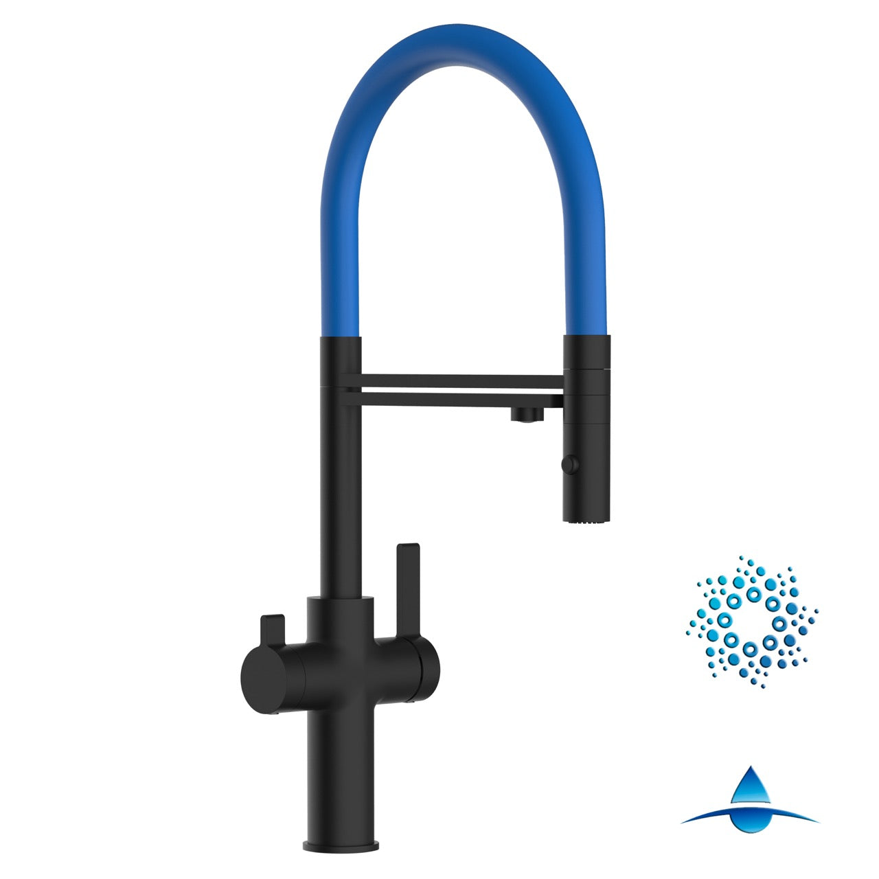 4 Way Kitchen Filter Tap, FC, with 360° swivel spout and 2-jets removable Spray, Matte Black / Blue