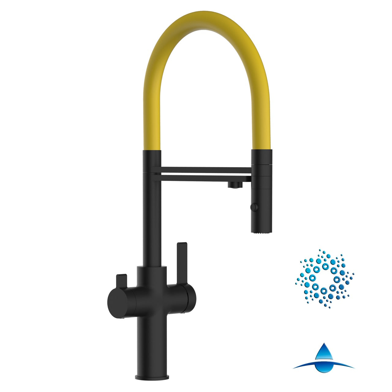 4 Way Kitchen Filter Tap, FC, with 360° swivel spout and 2-jets removable Spray, Matte Black / Yellow