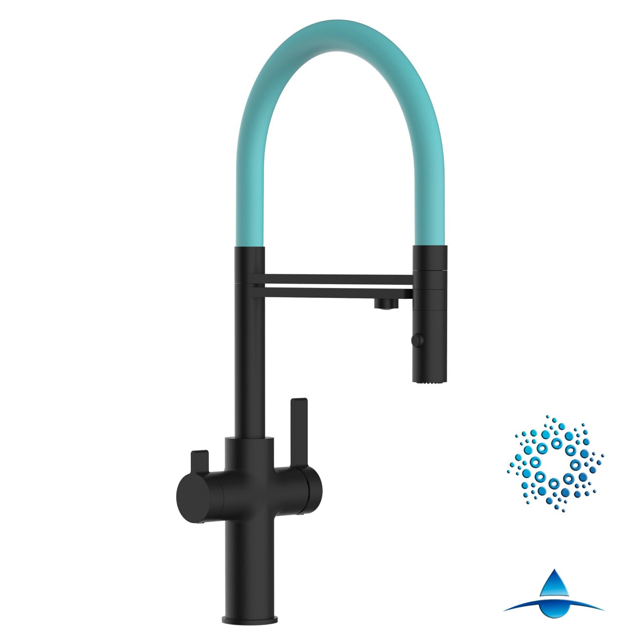 4 Way Kitchen Filter Tap, FC, with 360° swivel spout and 2-jets removable Spray, Matte Black / Turquoise