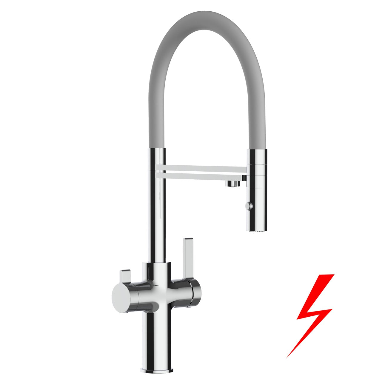 NIEDERDRUCK 3 Wege Wasserhahn Küchenarmatur, FC, mit 360° schwenkbarem Auslauf, abnehmbare 2 strahl Handbrause, Verchromt / Grau