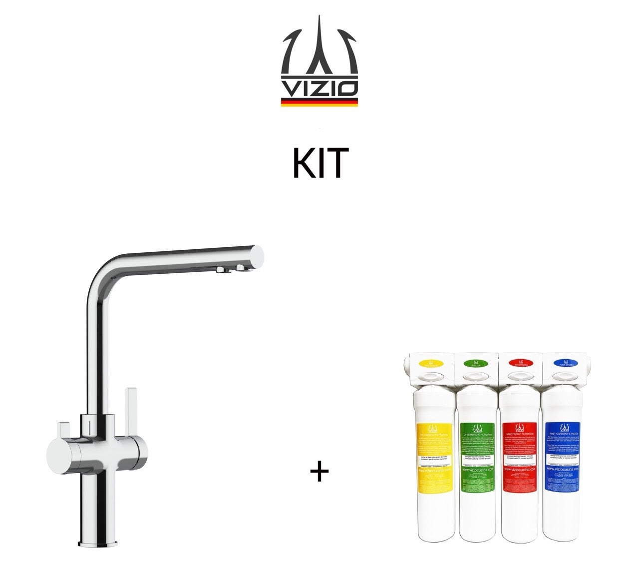 KIT 3 Way Kitchen Filter Tap, FC, with 360° Swivel L-Spout, Chrome + Activated Carbon Water Filter System