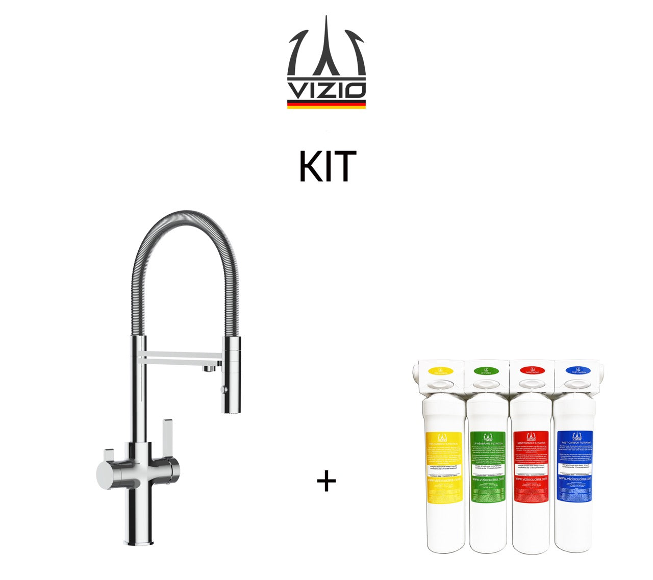 KIT 3 Way Kitchen Filter Tap, FC, with 360° swivel spout and 2-jets removable Spray, Chrome + Activated Carbon Water Filter System