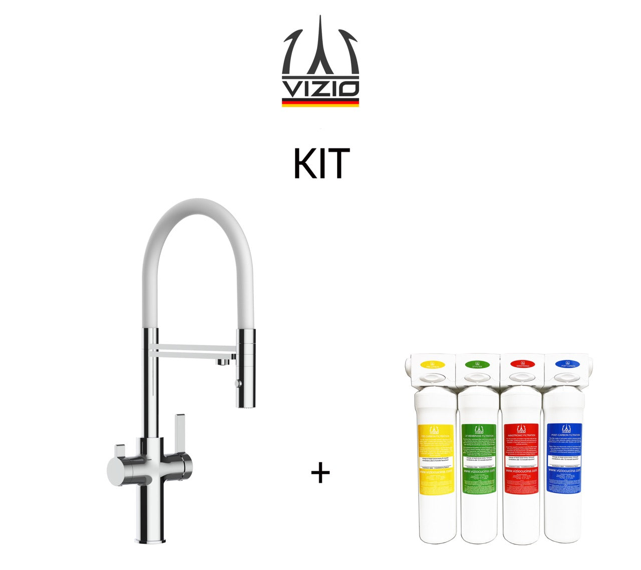 KIT 3 Way Kitchen Filter Tap, FC, with 360° swivel spout and 2-jets removable Spray, Chrome + Activated Carbon Water Filter System