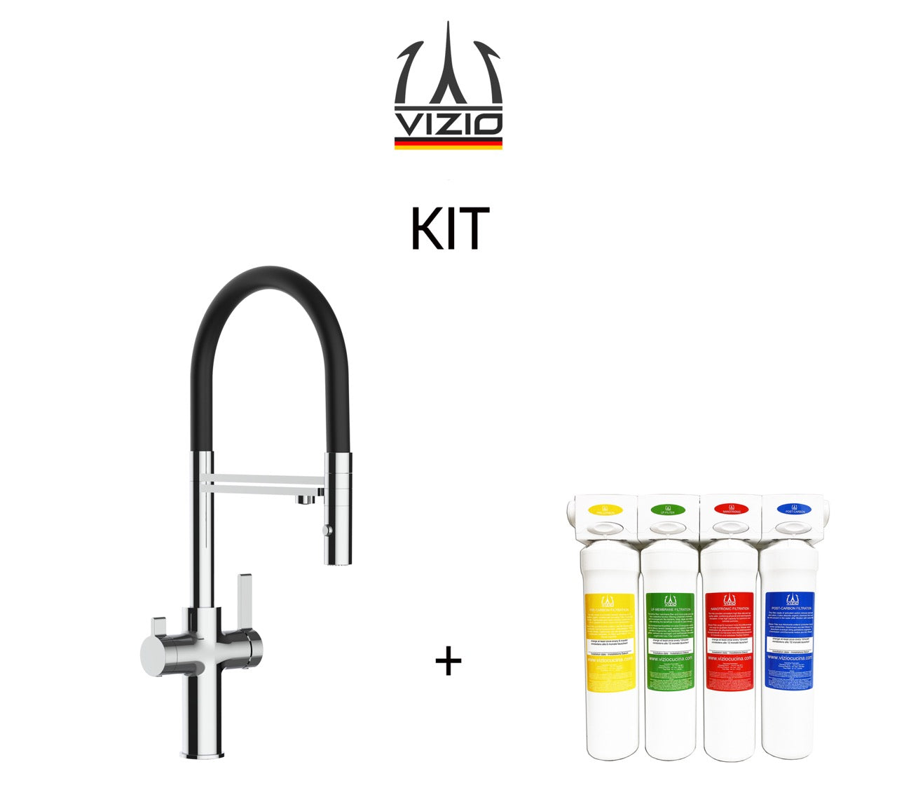 KIT 3 Way Kitchen Filter Tap, FC, with 360° swivel spout and 2-jets removable Spray, Chrome + Activated Carbon Water Filter System