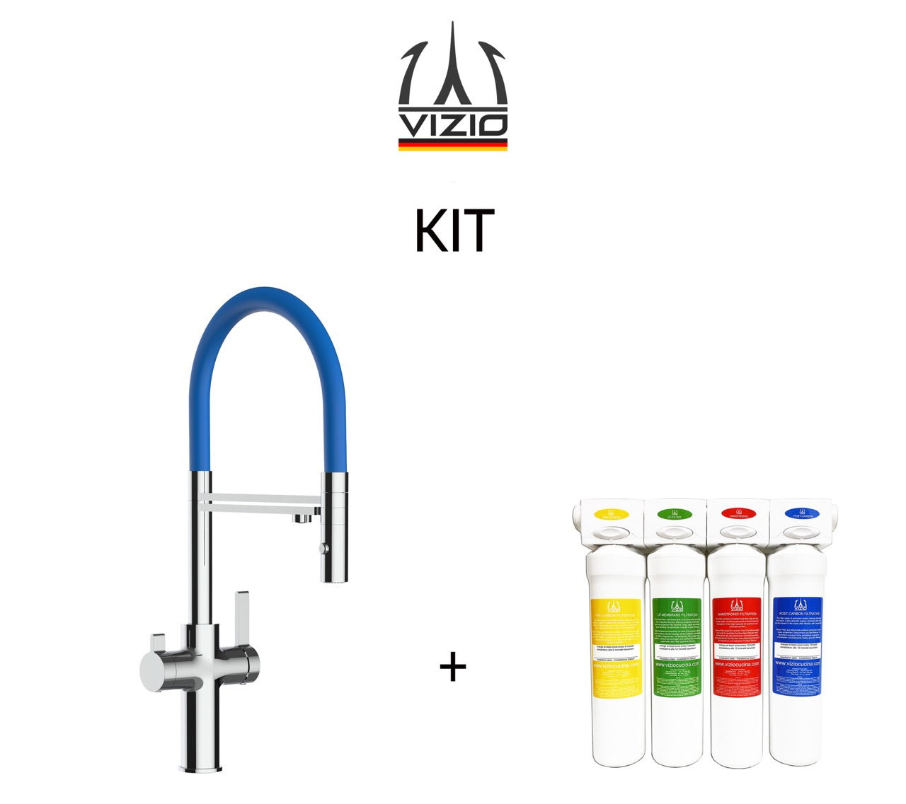 KIT 3 Way Kitchen Filter Tap, FC, with 360° swivel spout and 2-jets removable Spray, Chrome + Activated Carbon Water Filter System