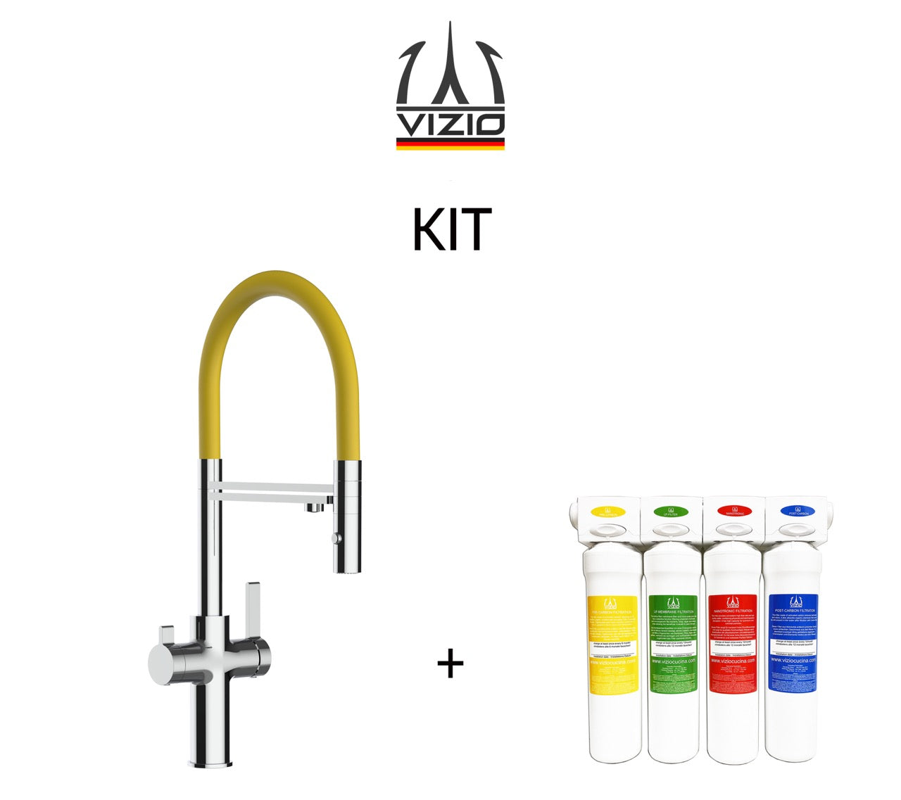 KIT 3 Way Kitchen Filter Tap, FC, with 360° swivel spout and 2-jets removable Spray, Chrome + Activated Carbon Water Filter System