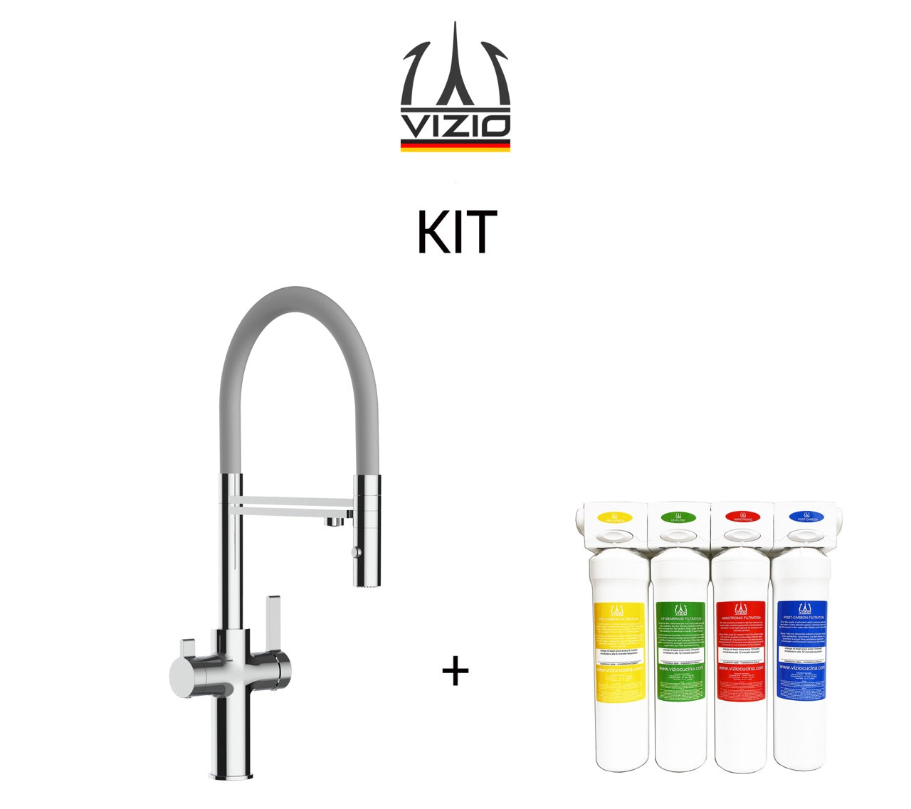 KIT 3 Way Kitchen Filter Tap, FC, with 360° swivel spout and 2-jets removable Spray, Chrome + Activated Carbon Water Filter System