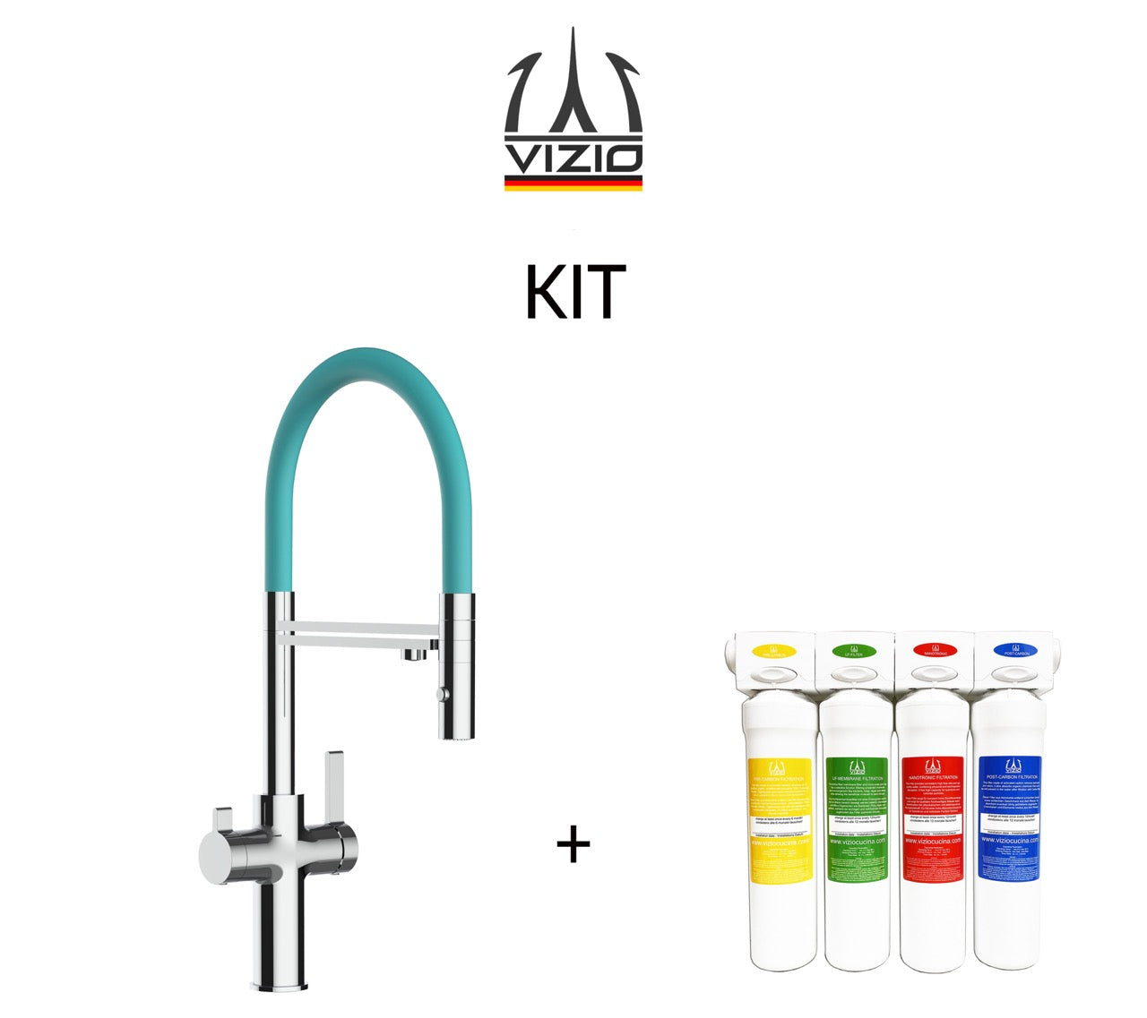 KIT 3 Way Kitchen Filter Tap, FC, with 360° swivel spout and 2-jets removable Spray, Chrome + Activated Carbon Water Filter System