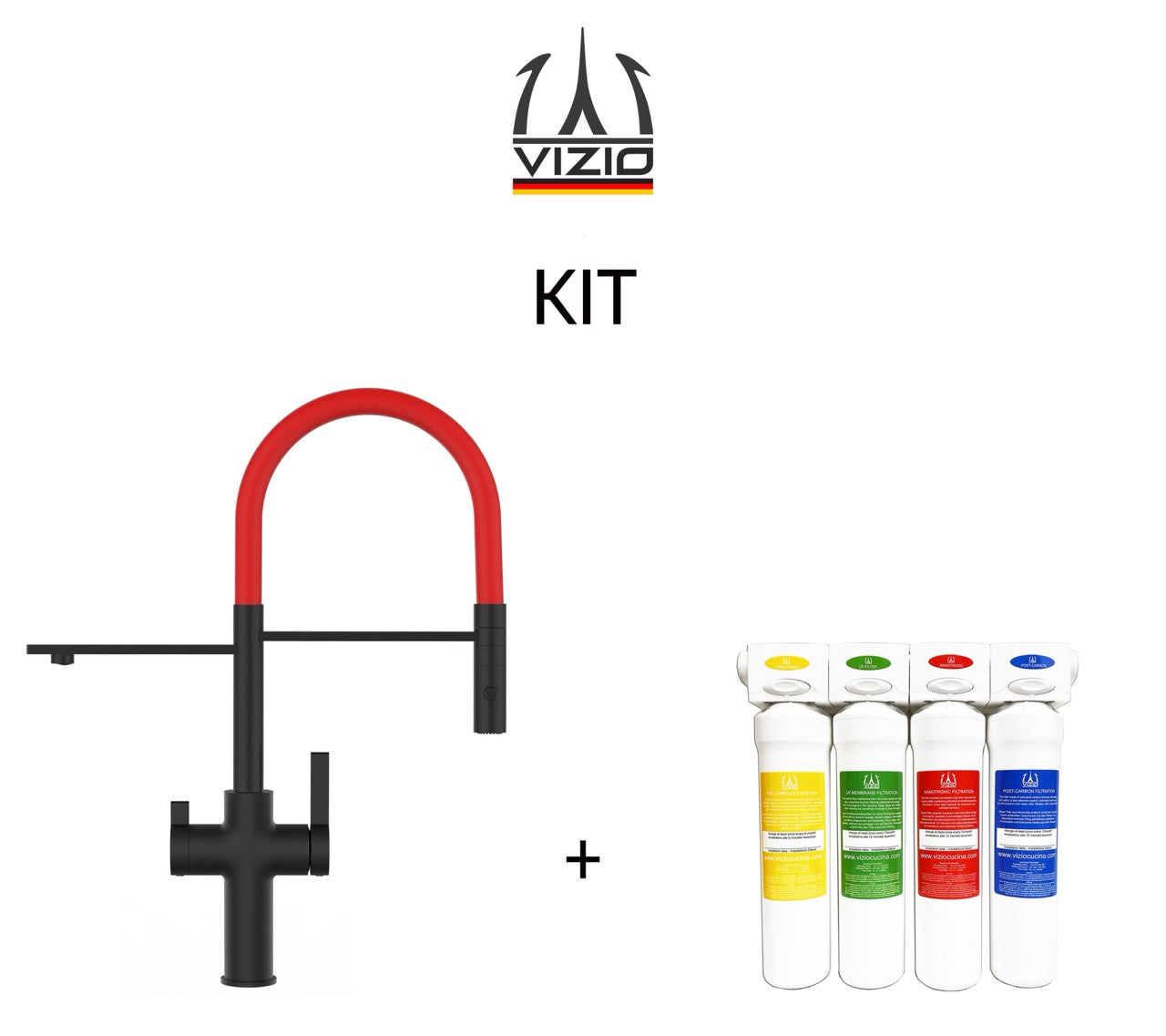 KIT 3 Way Kitchen Filter Tap, FC, with 360° swivel spout and 2-jets removable Spray, Matte Black + Activated Carbon Water Filter System