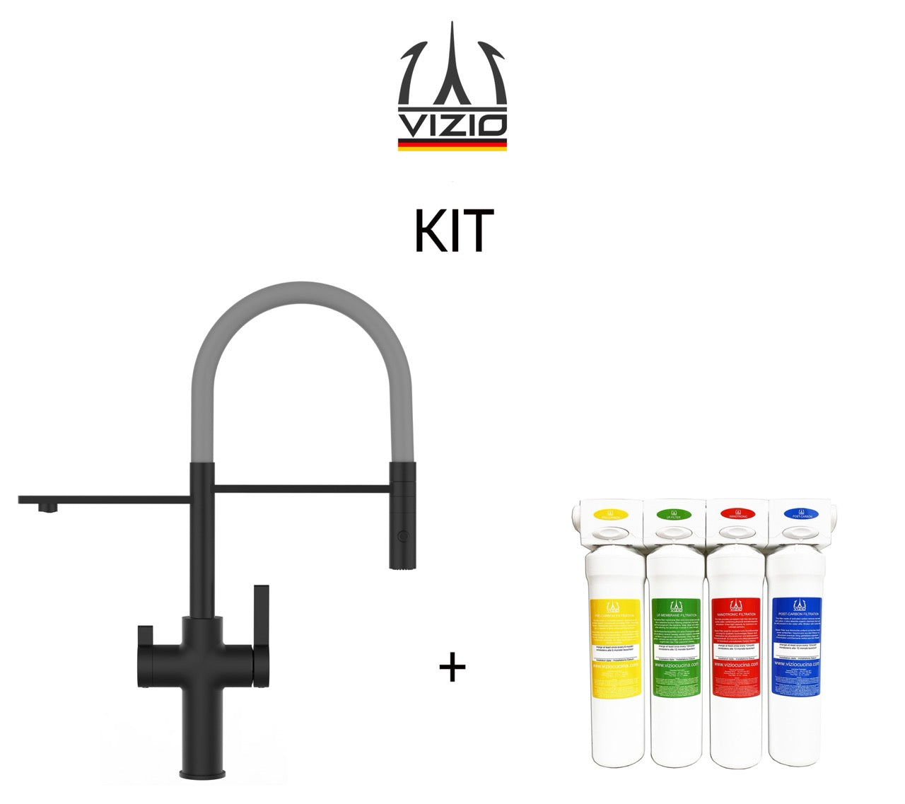KIT 3 Way Kitchen Filter Tap, FC, with 360° swivel spout and 2-jets removable Spray, Matte Black + Activated Carbon Water Filter System