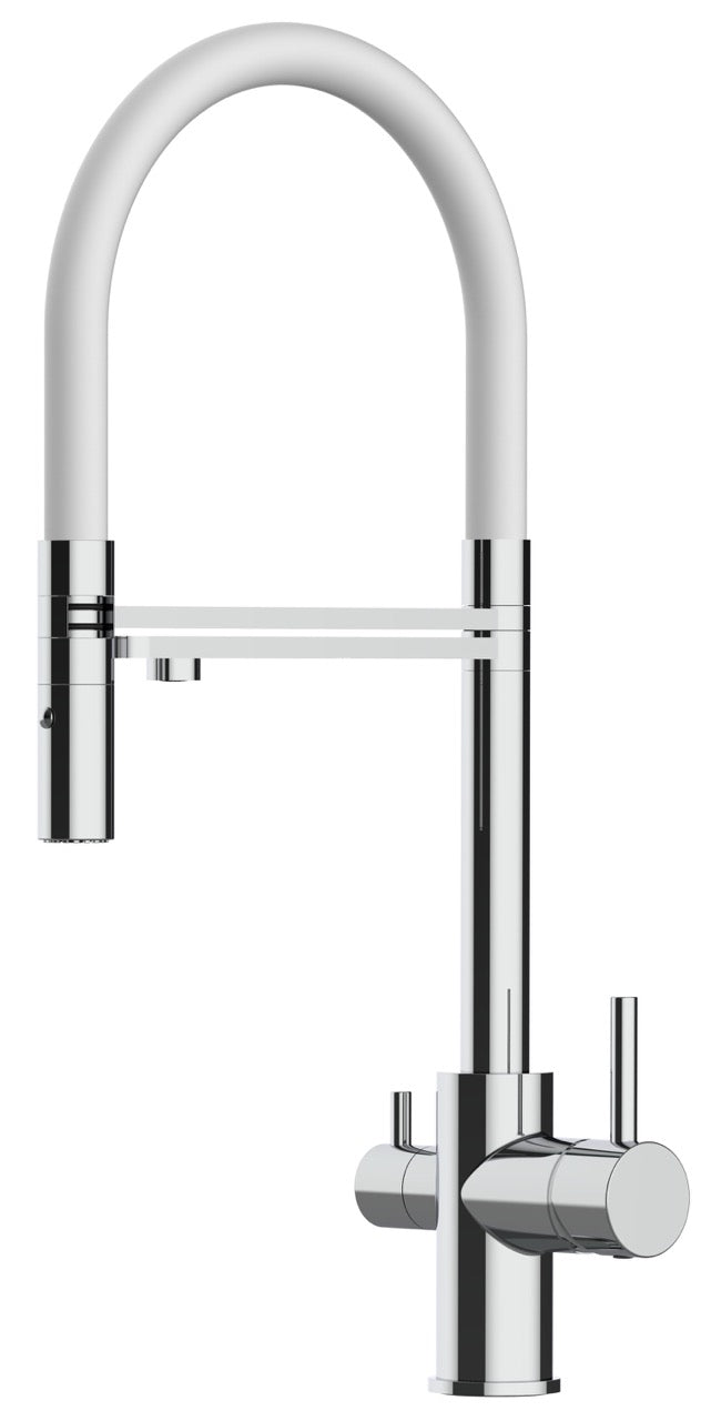 3 Way Kitchen Filter Tap, FL, with 360° swivel spout and 2-jets removable Spray, Chrome / White