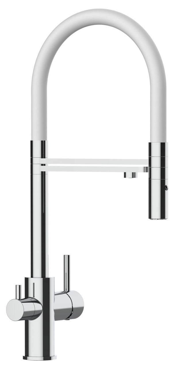 NIEDERDRUCK 3 Wege Wasserhahn Küchenarmatur, FL, mit 360° schwenkbarem Auslauf, abnehmbare 2 strahl Handbrause, Verchromt / Weiß