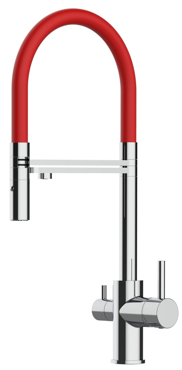 3 Way Kitchen Filter Tap, FL, with 360° swivel spout and 2-jets removable Spray, Chrome / Red