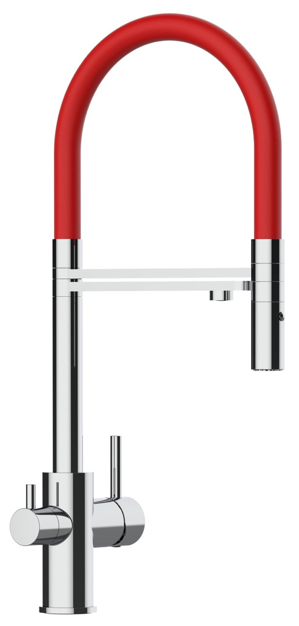 3 Way Kitchen Filter Tap, FL, with 360° swivel spout and 2-jets removable Spray, Chrome / Red