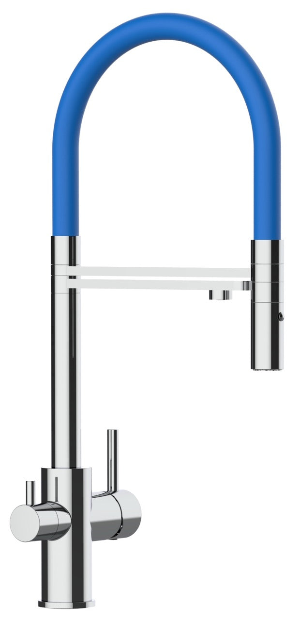 3 Way Kitchen Filter Tap, FL, with 360° swivel spout and 2-jets removable Spray, Chrome / Blue