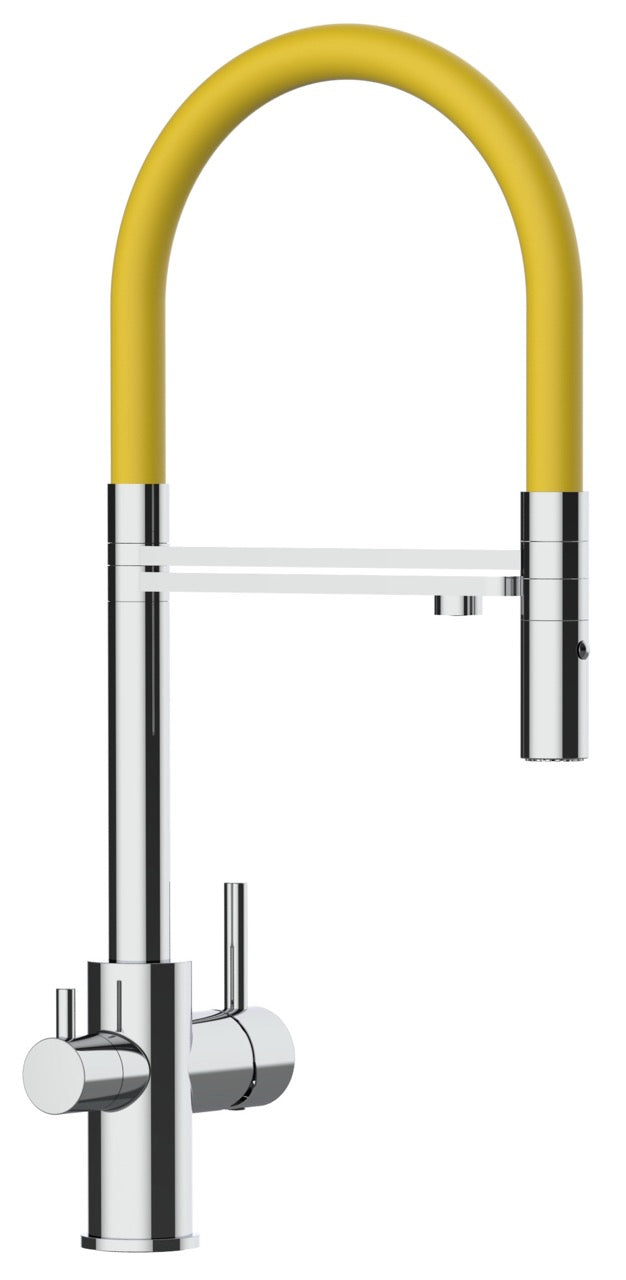3 Way Kitchen Filter Tap, FL, with 360° swivel spout and 2-jets removable Spray, Chrome / Yellow