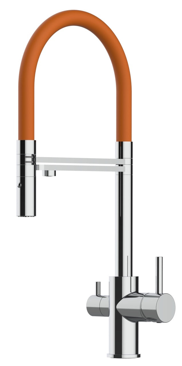 3 Way Kitchen Filter Tap, FL, with 360° swivel spout and 2-jets removable Spray, Chrome / Orange